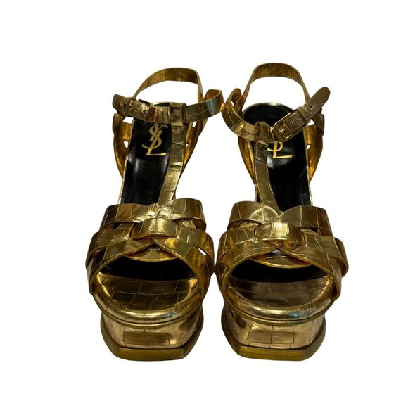Saint Laurent Paris Gold Croc Embossed Leather Tribute Platform Sandals 36 US 6 - Picture 3 of 10